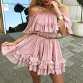 Women ruffle pleated short dress pink
