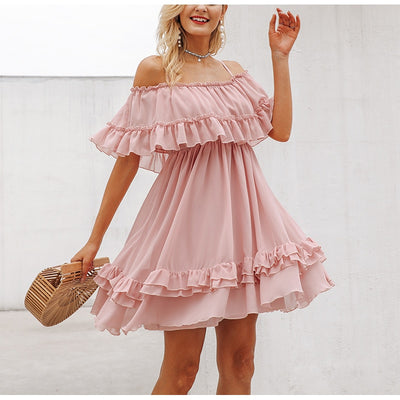 Women ruffle pleated short dress pink
