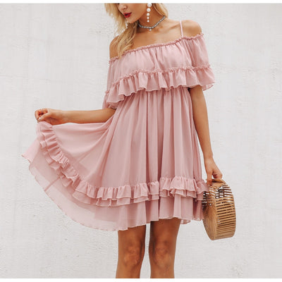 Women ruffle pleated short dress pink