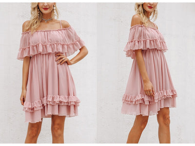 Women ruffle pleated short dress pink