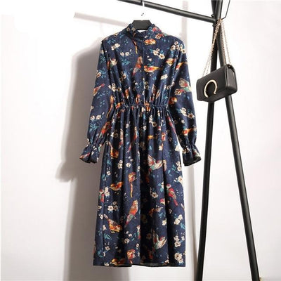 Winter Floral Women Elastic Waist Dress