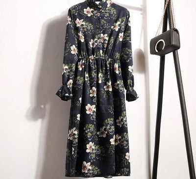 Winter Floral Women Elastic Waist Dress