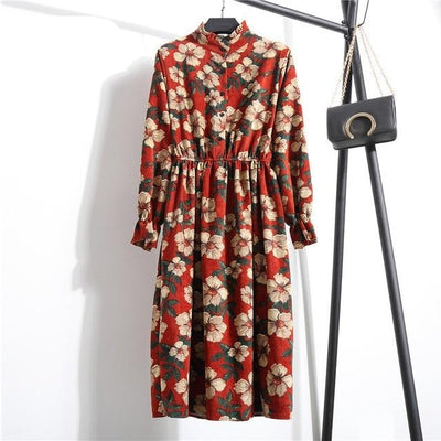 Winter Floral Women Elastic Waist Dress