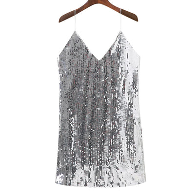 V Neck Autumn Silver  Backless Dress