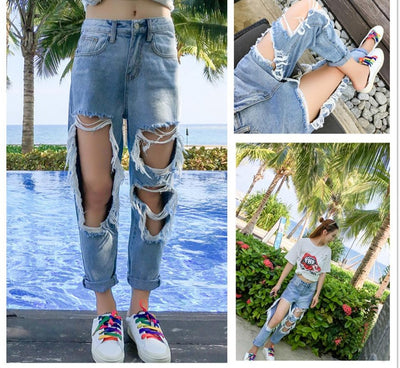 Women Ripped  Loose Thin Jeans