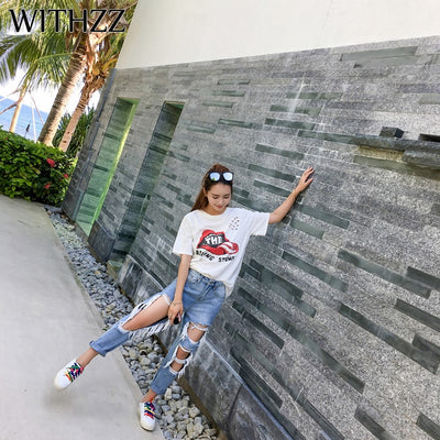 Women Ripped  Loose Thin Jeans