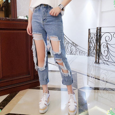 Women Ripped  Loose Thin Jeans